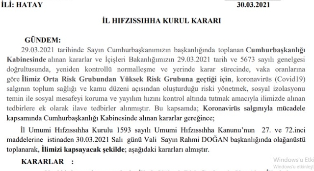 Hatay İl Hıfzıssıhha Kurulu Kararını Açıkladı