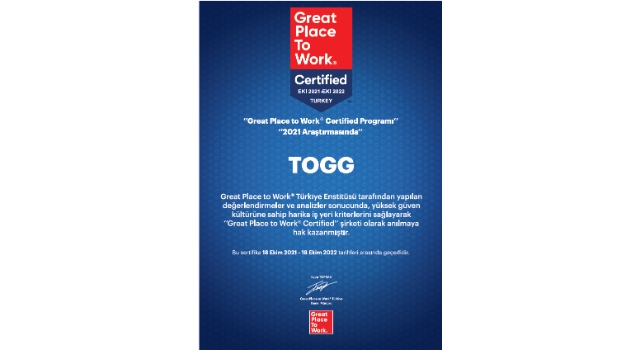 TOGG’a Great Place to Work Sertifikası