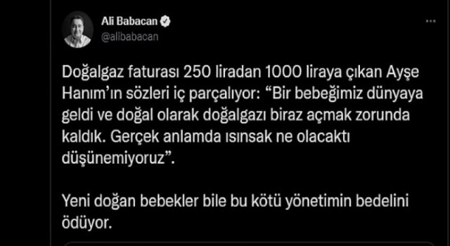 Babacan’dan Sosyal Medyada Elektrik ve Dağal Gaz Faturası Zinciri: ‘Bebekler bile kötü yönetimin bedelini ödüyor’