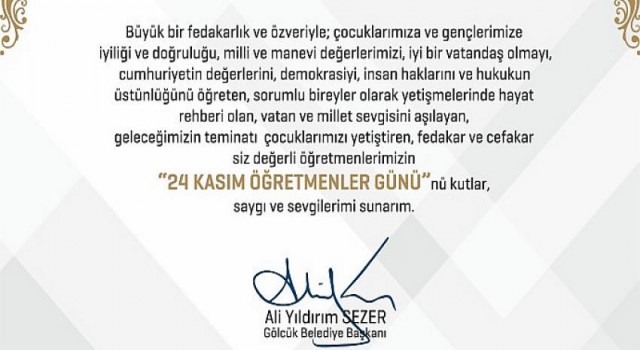 Gölcük Belediye Başkanı Ali Yıldırım Sezer’den Öğretmenlere Tebrik Kartı Sürprizi