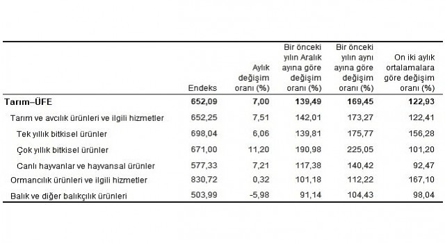 TÜİK Tarım ürünleri üretici fiyat endeksi (Tarım-ÜFE) yıllık %169,45, aylık %7,00 arttı