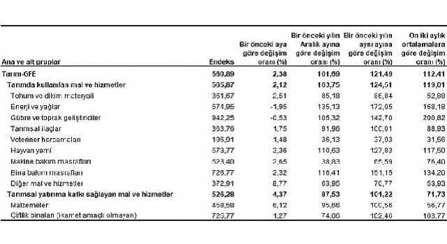 Tarımsal girdi fiyat endeksi (Tarım-GFE) yıllık %121,49, aylık %2,38 arttı