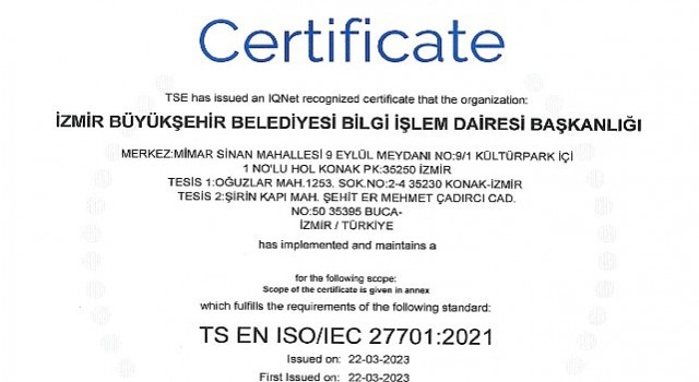 İzmir Büyükşehir Belediyesi ISO 27701 standardına sahip ilk “Büyükşehir” oldu