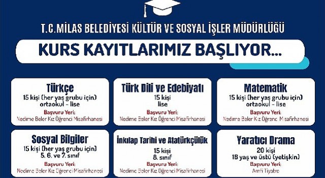 Milas Belediyesinin eğitime destek kurslarına başvurular başladı